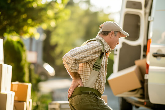 An elder delivery worker is straining while unloading boxes from a van, under the sun. The image shows cardboard boxes and the delivery van