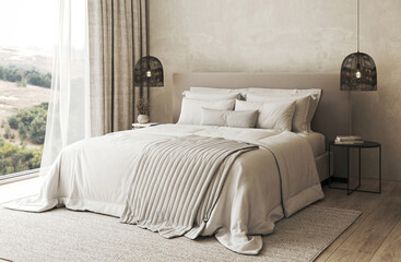 Serene bedroom interior with panoramic view, featuring cozy bedding and stylish pendant lighting. 3d rendering