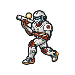 Illustration of a futuristic robot playing baseball.