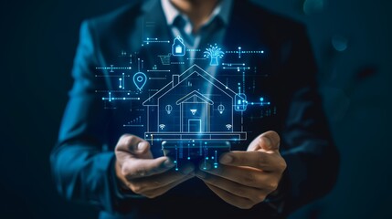 Man holding a digital tablet with a smart home holographic interface in a high-tech environment