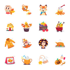 Fototapeta premium WebSet of Cute Fall Season Flat Stickers