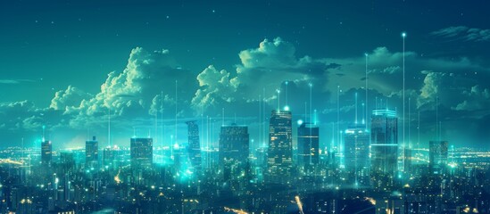 Obraz premium Futuristic Smart Cyber City illustration: Innovative Urban Landscape, futuristic technology and cyber punk concept, Graphic Resources, Wallpapers, Brochure, Websites, banner, Advertising, background