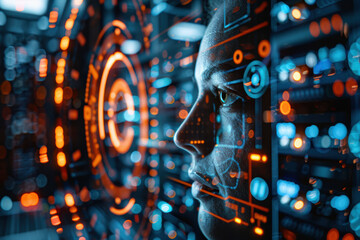 A futuristic digital interface overlaid on a human face, symbolizing advanced technology, AI integration, and the future of human-computer interaction.