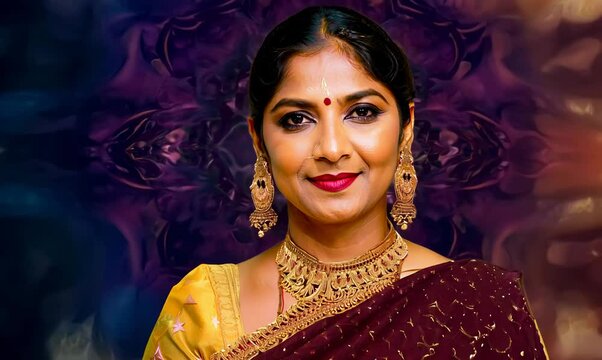 Medium shot portrait of an Indian woman in her 40s wearing bindi and traditional jewelry in an abstract background