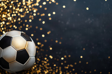 A soccer ball against a dark background with golden bokeh lights, capturing the festive and celebratory spirit of the sport.
