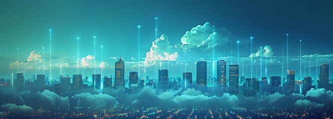 Futuristic Smart Cyber City illustration: Innovative Urban Landscape, futuristic technology and cyber punk concept, Graphic Resources, Wallpapers, Brochure, Websites, banner, Advertising, background