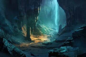 Mysterious cavern with glowing blue light