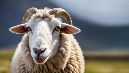 Portrait of a sheep, ram on a summer sunny background