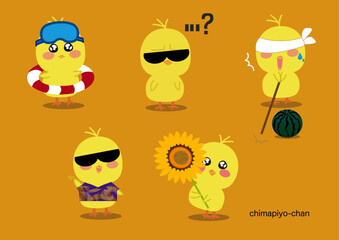 オレンジ色を背景にしたChimapiyo-chan夏のイラストセット
