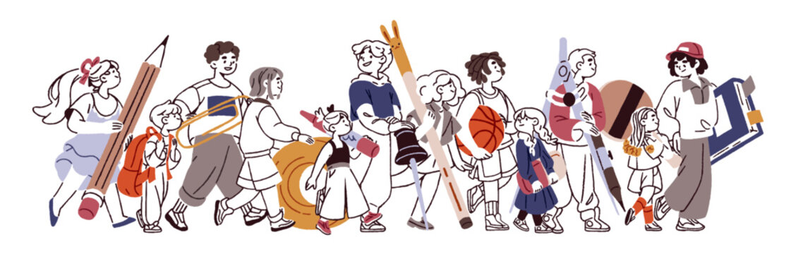 students walking with school supplies, cartoon style clip art preview
