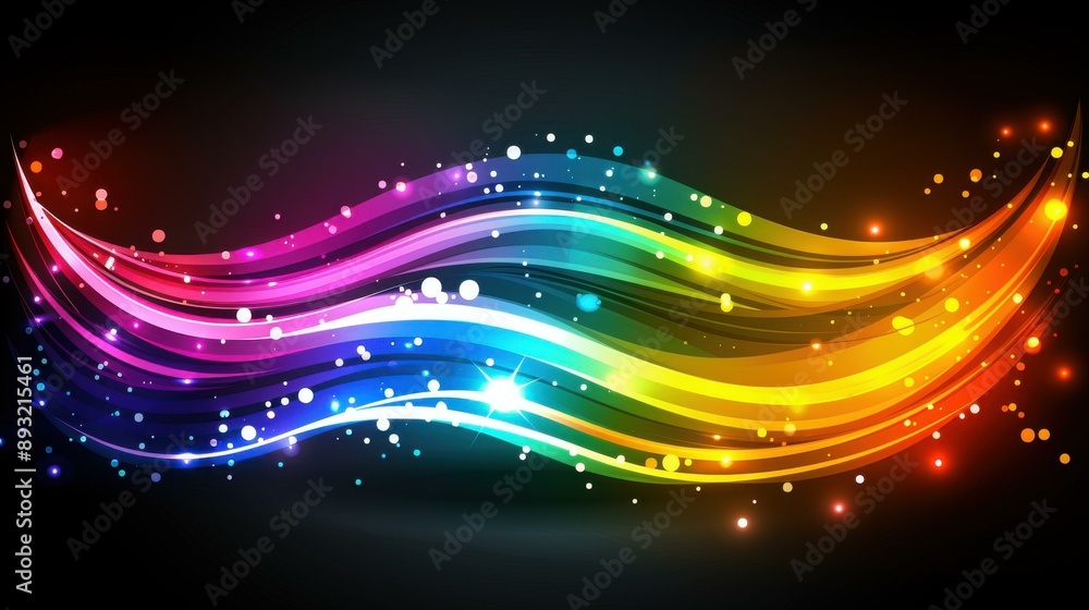 Poster a vibrant dark background features blurred waves, blending softly with gleaming rainbow lines for a 