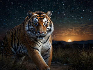 Fototapeta premium A magnificent tiger strolling gracefully under the night sky