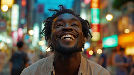 Obraz premium A Man With a Smile on His Face in the Middle of a Busy City Street - Generative AI