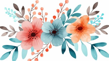 Obraz premium Delicate watercolor floral bouquet in pink and blue, perfect for crafts and digital projects on a clean white backdrop.