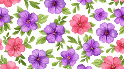 A vibrant botanical pattern featuring purple and pink flowers along with lush green plants, perfect for textile and wallpapers.