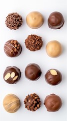 Top view of assorted chocolate truffles with various toppings arranged in neat rows on a white background