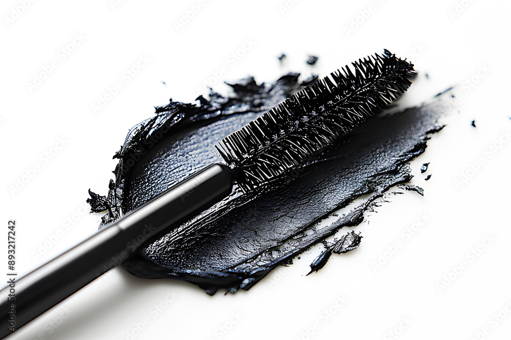 Wall mural Black mascara brush or eyeliner brushstroke swatch. Creative cosmetic mascara smudge smear on white background. Facial cosmetic accessories for makeup women. Draw beautiful eyes. 