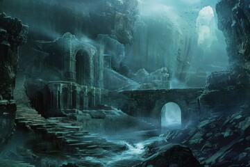 Ancient ruins of a forgotten underwater city overgrown with vegetation