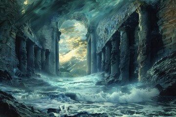 Ancient ruins swallowed by the sea Poseidons wrath unleashed Poseidons fury Ancient ruins emerge from the depths