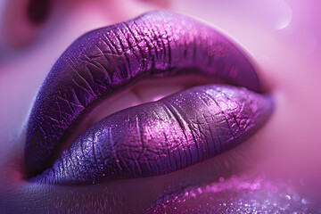 Fototapeta premium Woman applying lipstick on purple lips beautiful glitter. Beauty cosmetics for women. Realistic clipart template pattern. 