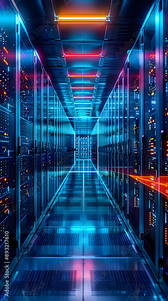 Poster data center background abstract, storage of databases in terminal, server room with hardware, system