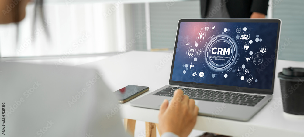 Poster customer relationship management system on modish computer for crm business and enterprise