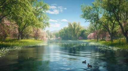 A Group of Ducks Are Swimming in a Lake Surrounded by Lush Green Trees and Flowers - Generative AI