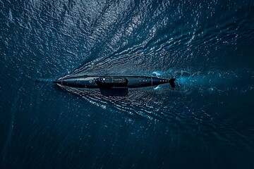 A submarine is floating in the deep blue sea, remote control aerial photography, primitivism, high resolution, aerial view 
