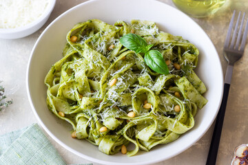 Pasta with pesto sauce. Healthy eating. Vegetarian food.