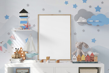 Wood poster frame in children's room mockup. 3D rendering