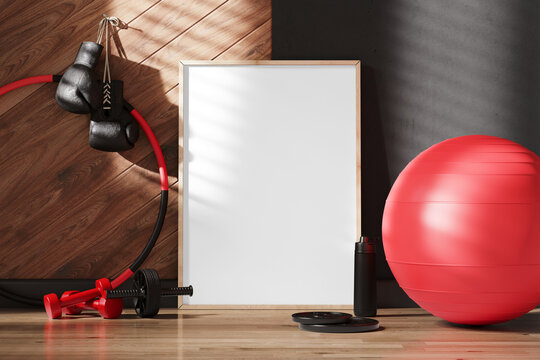 Wood poster frame in gym mockup. 3D rendering