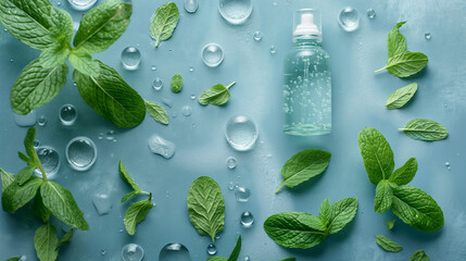 water drops on green leaf and serum bottle.