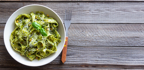 Pasta with pesto sauce. Healthy eating. Vegetarian food.
