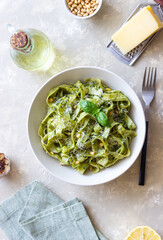 Pasta with pesto sauce. Healthy eating. Vegetarian food.
