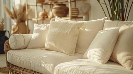 Beige pillows on sofa in cozy home living room design