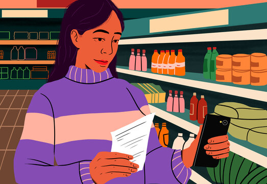 Woman checking receipt and holding smart phone standing near shelf at supermarket
