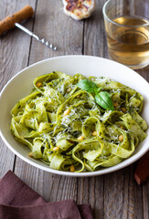 Pasta with pesto sauce. Healthy eating. Vegetarian food.