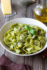 Pasta with pesto sauce. Healthy eating. Vegetarian food.