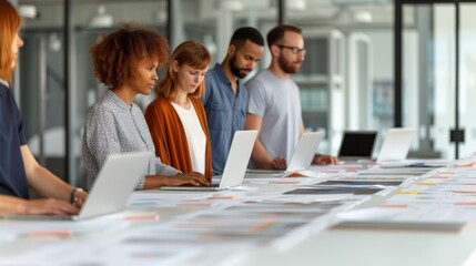 diverse team of professionals working on laptops at a long desk in a modern office with natural light