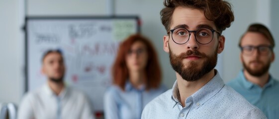 Fototapeta premium confident businessman with beard and glasses leading a team during a meeting in a modern office