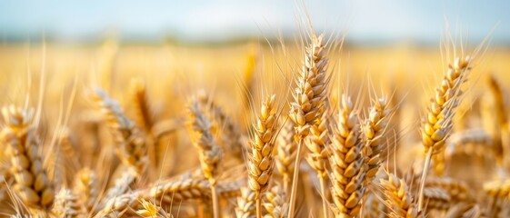 Fototapeta premium golden wheat field at sunset, close-up of ripe wheat stalks, nature harvest, rural agriculture, grain production, organic farming, agricultural bounty, summer harvest, field of wheat, wheat field in s
