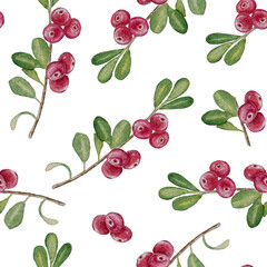 Watercolor seamless pattern of cranberries, ripe berries harvest, isolated on white background, for card invitation design backgrounds wallpaper scrapbooking