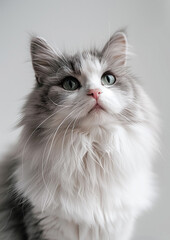 Cute purring cat looking at camera, white background, International Cat Day, fluffy fur, happy expression,