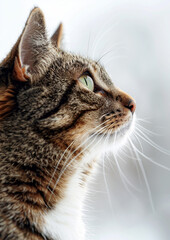 Purring tabby cat, white background, International Cat Day, captivating gaze, whiskers visible,