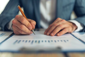 businessman signing important document with pen and financial reports - close up of hands