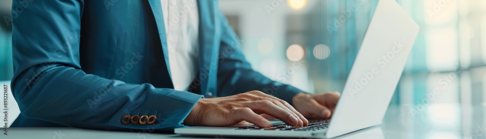 Poster close-up of man's hands typing on laptop keyboard in modern office setting with blurred background, 