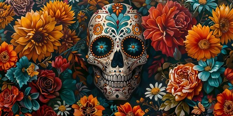 Banner Intricately painted Dia de los Muertos skull with vibrant orange, yellow, and red flowers on dark background. Skull features colorful floral patterns, symbolizing life and remembrance.halloween