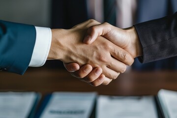 two businesspeople shaking hands over documents agreement contract deal partnership dealmaking corporate success
