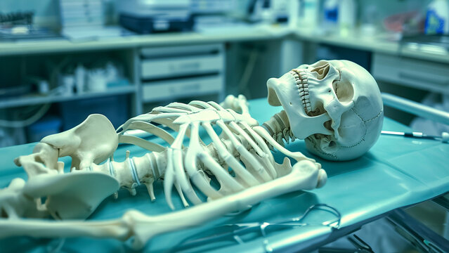 A medical skeleton is displayed on a table in a laboratory, surrounded by various medical equipment and supplies in the background for educational purposes - Powered by Adobe