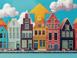 Colorful houses with an upward arrow symbolizing real estate market growth.